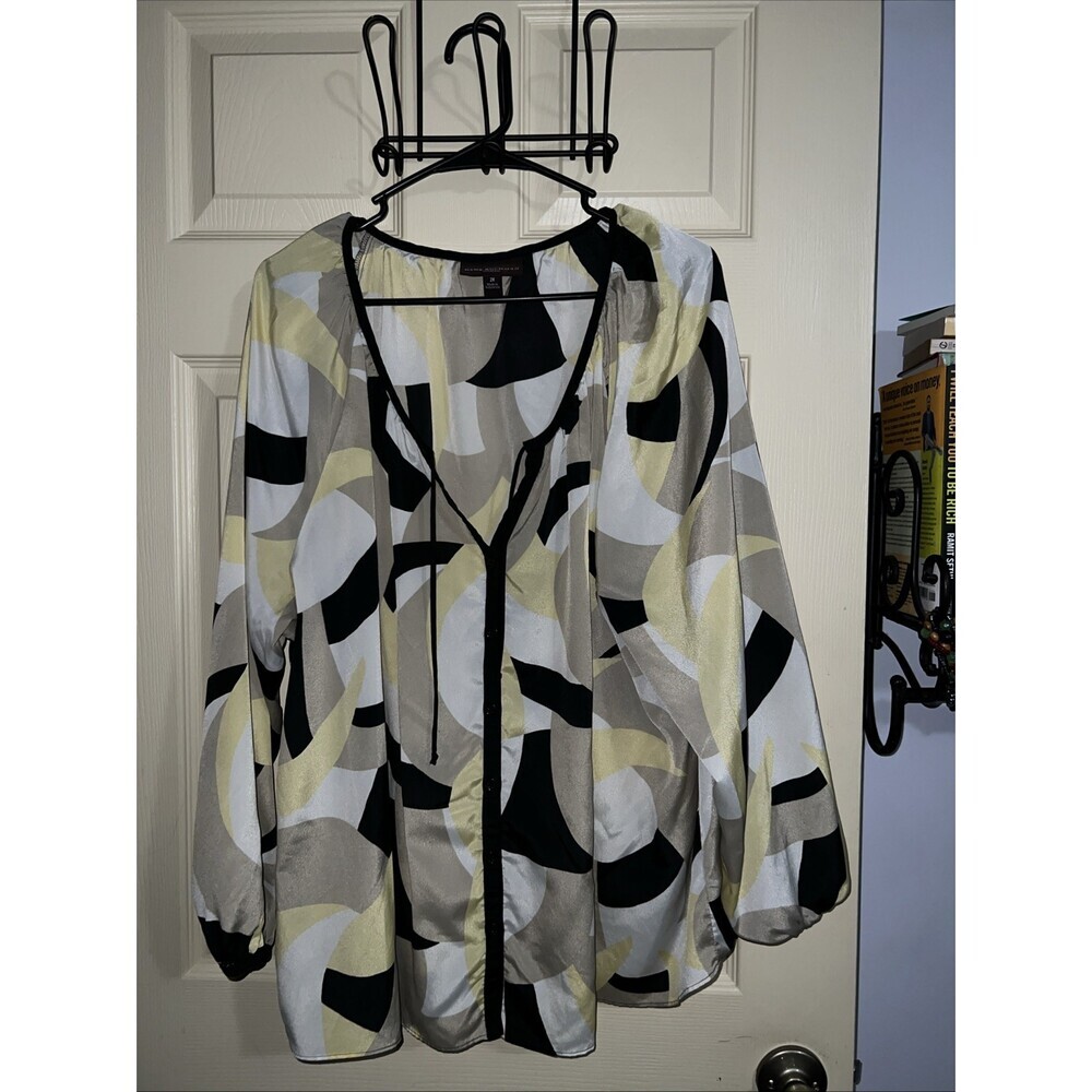 Dana Buchman Peasant Top Womens 2X Yellow Black Geometric Print 3/4 Sleeve